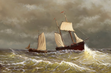 Oil paintings sea landscape, digital art, old sailing boat on the sea. Fine art.