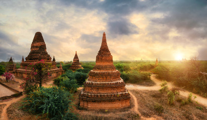 View at the bagan historic site. Temples and ruins in the jungle. Concept about travel and landmarks