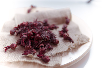 Roselle flower tea on a burlap sack