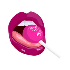 Sensual lips with a Lollipop. Woman licking round sugar candy on stick. print for T-shirt or tattoo. isolated on white background