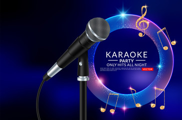 Vector banner with microphone and inscription karaoke party on the art background. Vector illustration