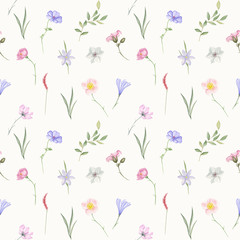  Wildflowers watercolor illustration. Seamless pattern