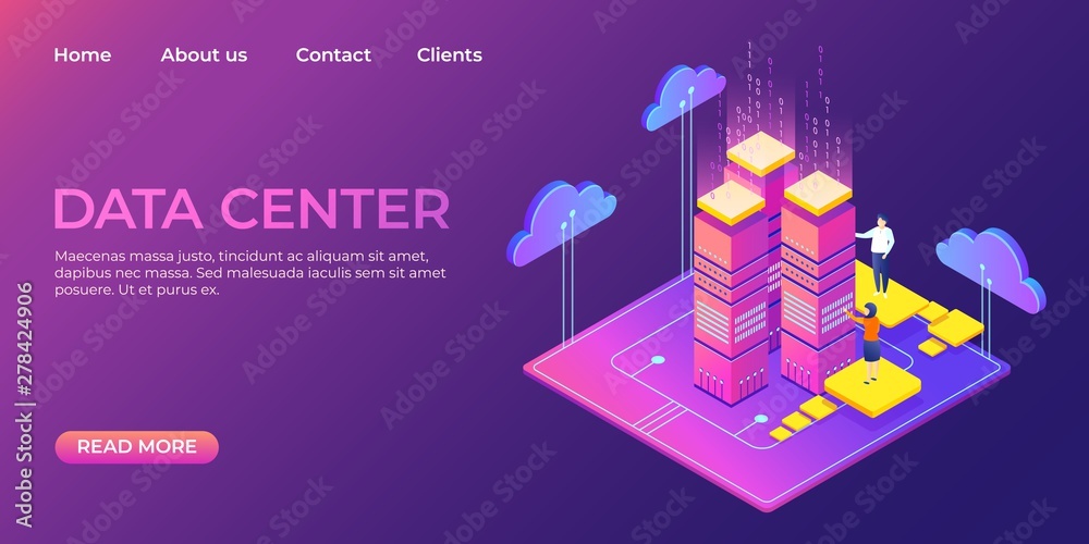 Poster Data center landing page. Information database isometric website template. Server business technology web concept, vector illustrated business technology infographic web page