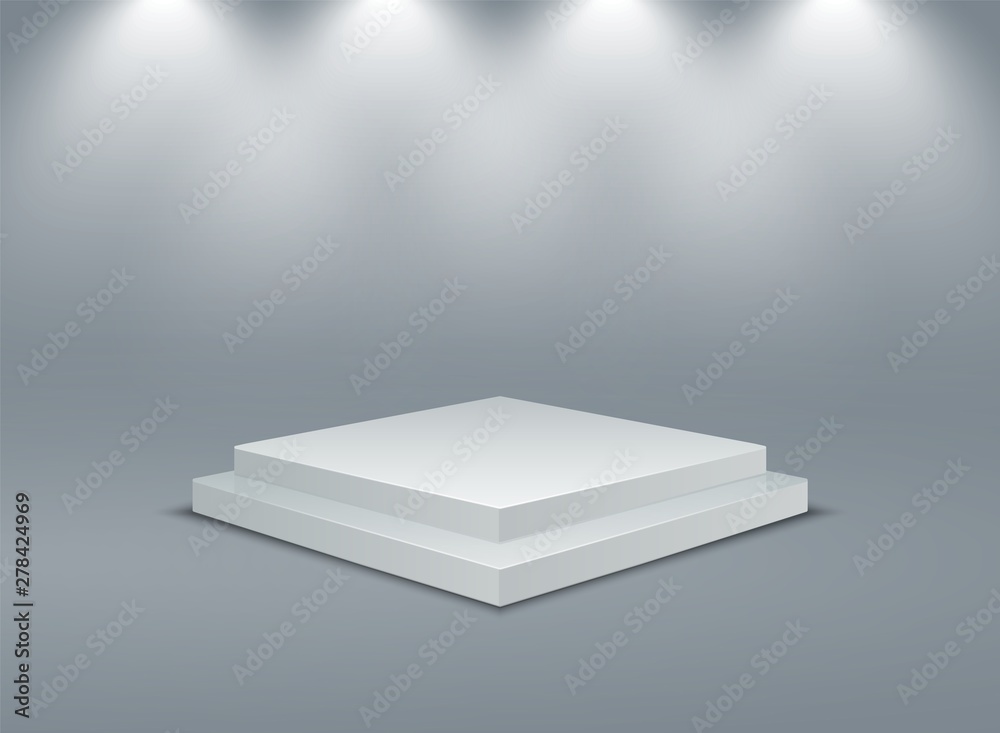 Poster square illuminated podium. stage pedestals winner scene. vector 3d two-stage platform with lighting 