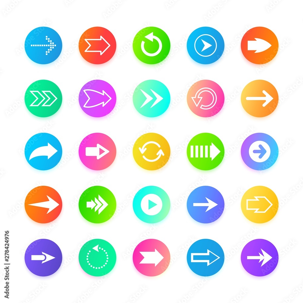Poster Color arrow web button icons. Back, out, from, to, and next navigation sign. Cursor arrows set, vector design illustration icons