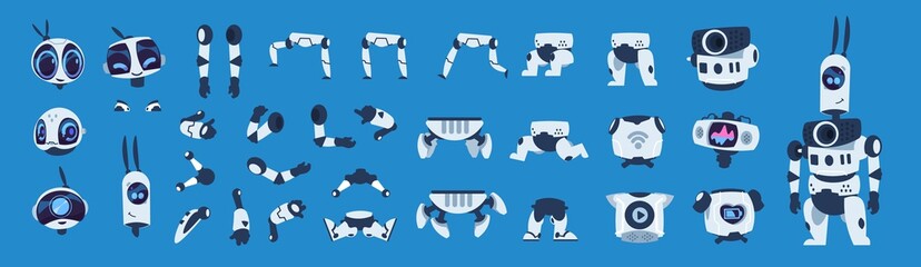 Robot elements. Cartoon android character animation set, futuristic machine constructor with different poses. Vector isolated futuristic cybernetic objects on blue background - obrazy, fototapety, plakaty