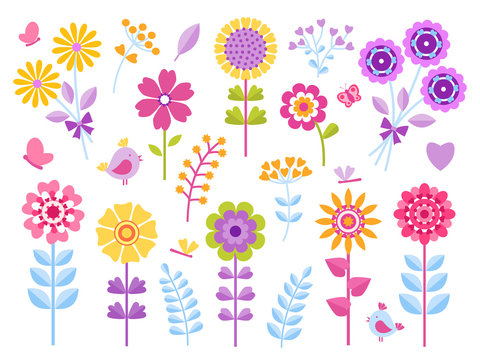 Cartoon flower stickers. Cute butterflies bugs and birds kid clip art, summer garden pretty retro set. Vector beautiful floral child scrapbook or print icons