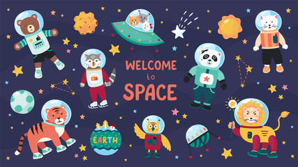 Space animals. Cute cartoon trendy baby animal characters in space suits, set of science kids in cosmos. Vector flat doodle collection on star sky background
