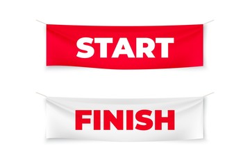 Start and finish realistic banners. Flags for outdoor sport event. Textile vector streamers for competition race, run marathon