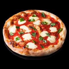 Pizza Margherita on black background. Pizza Margarita with Tomatoes, Basil and Mozzarella Cheese