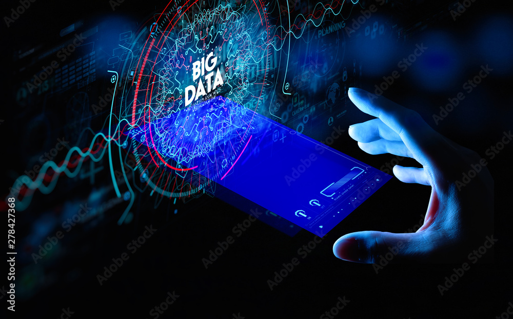 Fototapete Big data in HUD and icon ui with hand selecting and pressing Big Data symbol and smart phone interface.
