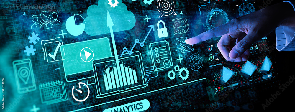 Aufkleber hand touching business data analytics process management with kpi financial charts and graph and aut