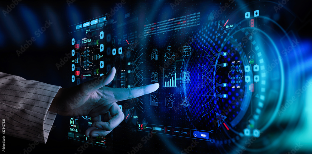 Aufkleber hand working with business data analytics process management with kpi financial charts and graph mar