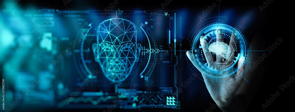 Poster Artificial intelligence (AI) with machine deep learning and data mining and another modern computer technologies UI by hand touching low poly icon.