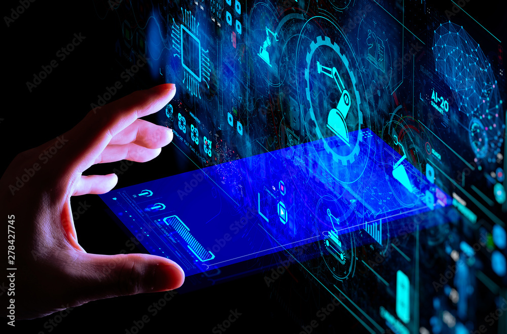 Poster Engineer hand check and control welding robotics automatic arms icon with machine in intelligent factory automotive industrial with UI monitoring system software.