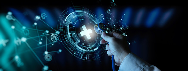 Doctor hand with stethoscope and Ui icon medical in hospital with medical technology network...