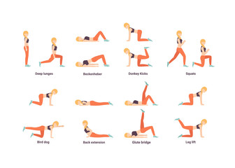 Set Happy woman character doing workout. Deep lunges, beckenheber, Donkey kicks, squats, bird dog, back extension, glute bridge, leg lift exercise. Health, sport. Flat vector illustration.