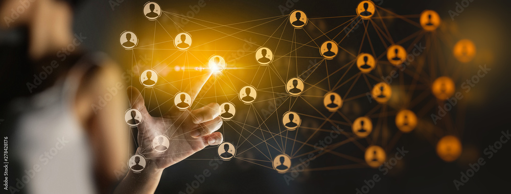 Poster Businesswoman hand working global structure networking and data exchanges customer connection with new computer Ui.