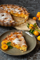 yellow plum mirabelle. Plum pie on a dark background. Summer fruit season.harvest.