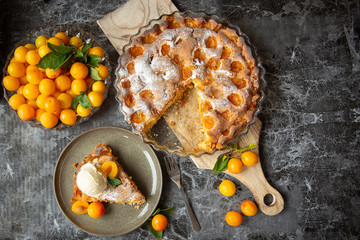 yellow plum mirabelle. Plum cake with a scoop of vanilla ice cream on a dark background. Summer fruit season.harvest.