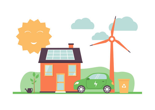 Flat vector illustration house with electric drive, recycle bin, tree, windmill and happy sun. 