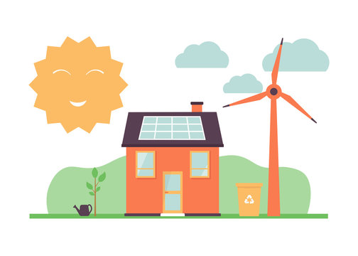 Flat vector illustration house with solar panels, tree, recycle bin, windmill and happy sun.