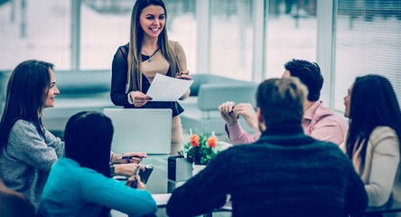 Manager conducts the presentation of the new advertising project
