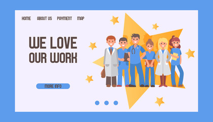 Doctors and medicine clinic main website page concept in flat style on star background vector illustration. Practitioner doctors man and woman in hospital or ambulance. Medical staff webpage.
