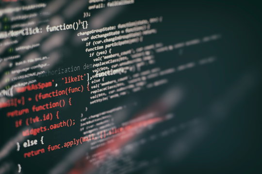 Monitor closeup of function source code. Abstract IT technology background. Software source code.