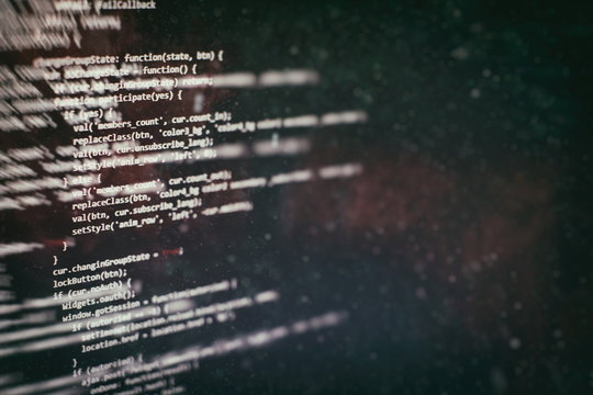Monitor closeup of function source code. Abstract IT technology background. Software source code.