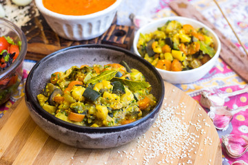 Indian sabji - traditional homemade vegetable's stew with spices. Tomato, potato, aubergine, carrot.