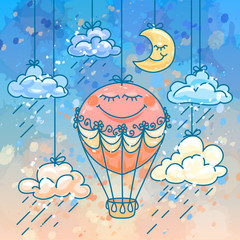  Color, hand-drawn image of a cute aerostat, clouds and crescent hanging in the sky in a watercolor style.