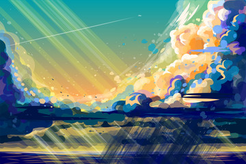  Color, hand-drawn image of thunder clouds and a flying plane in the blue sky. Sunset on the sea.