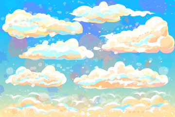  Color, hand-drawn image of clouds and blue sky. Watercolor style.