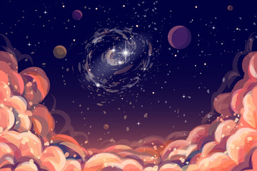  Color, hand-drawn image of clouds and a starry sky with planets and a galaxy.