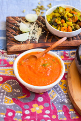 Tomato chutney. Indian traditional tomato sauce with spices.