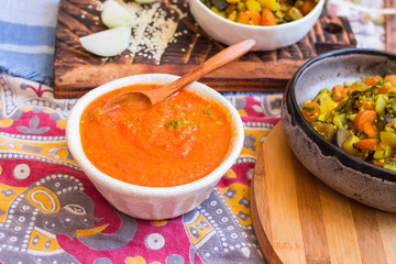 Tomato chutney. Indian traditional tomato sauce with spices.