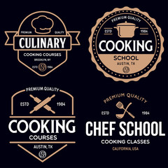 Set of vintage retro handmade badges, labels and logo elements, retro symbols for cooking school, culinary courses, food or home cooking.