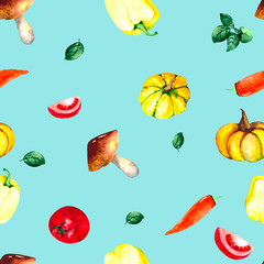 Watercolor pattern with fresh vegetables: tomatoes, peppers, pumpkins and fresh Basil. Bright illustration for Wallpaper, textiles, packaging and backgrounds on the theme of fresh food.