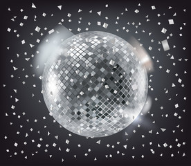 Disco sphere and silver confetti on dark background. Vector illustration