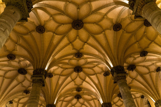 Architecture detail inside the Lonja of Zaragoza, built in 16th century in Renaissance style, Zaragoza, Aragon, Spain