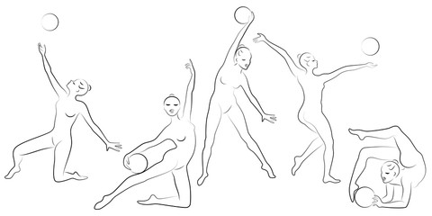 Collection. Rhythmic gymnastics. Silhouette of a girl with a hoop. Beautiful gymnast. The woman is slim and young. Vector illustration