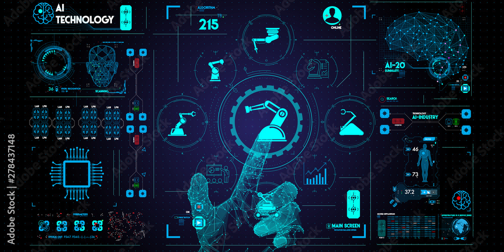 Poster Low polygon hand check and control welding robotics automatic arms icon with machine in intelligent factory automotive industrial with UI monitoring system software.