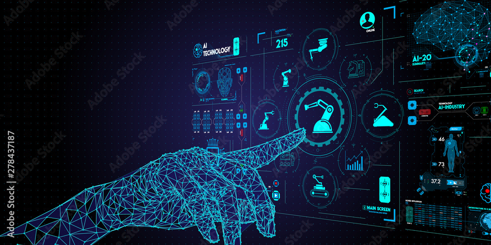 Poster Low polygon hand check and control welding robotics automatic arms icon with machine in intelligent factory automotive industrial with UI monitoring system software.