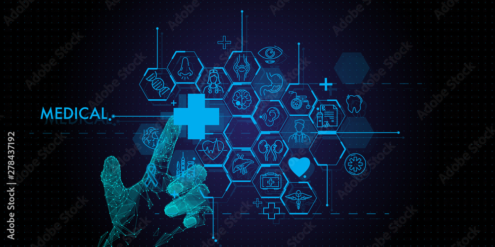 Aufkleber low polygon doctor hand with stethoscope and ui icon medical in hospital with medical technology net