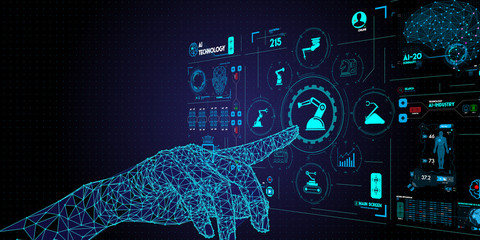 Low polygon hand check and control welding robotics automatic arms icon with machine in intelligent factory automotive industrial with UI monitoring system software.