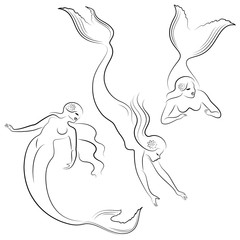 Collection. Silhouette of a mermaid. Beautiful girl swims in the water. The lady is young and slim. Fantastic image of a fairy tale. Vector illustration set.
