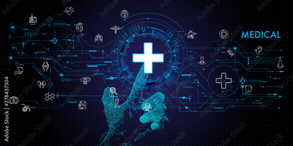 Aufkleber low polygon doctor hand with stethoscope and ui icon medical in hospital with medical technology net