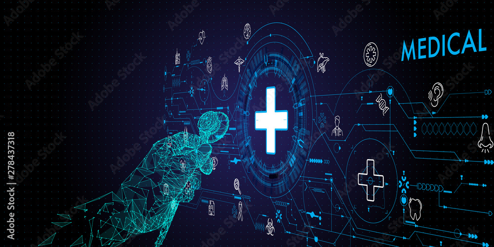Aufkleber low polygon doctor hand with stethoscope and ui icon medical in hospital with medical technology net