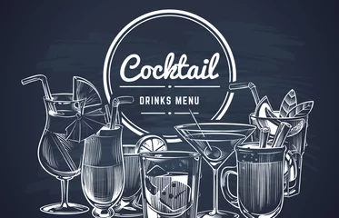 Foto op Plexiglas Sketch cocktail background. Hand drawn alcohol cocktails drinks bar menu, cold drinking restaurant beverages set. Vector design © YummyBuum